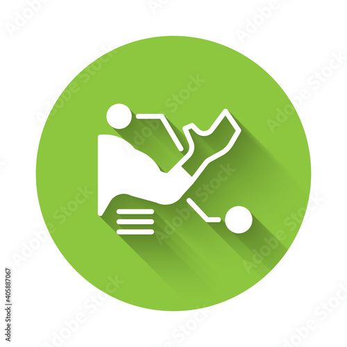 White Prosthesis hand icon isolated with long shadow. Futuristic concept of bionic arm, robotic mechanical hand. Green circle button. Vector.