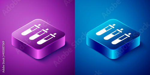 Isometric Reagent bottle for physics and chemistry icon isolated on blue and purple background. Square button. Vector.