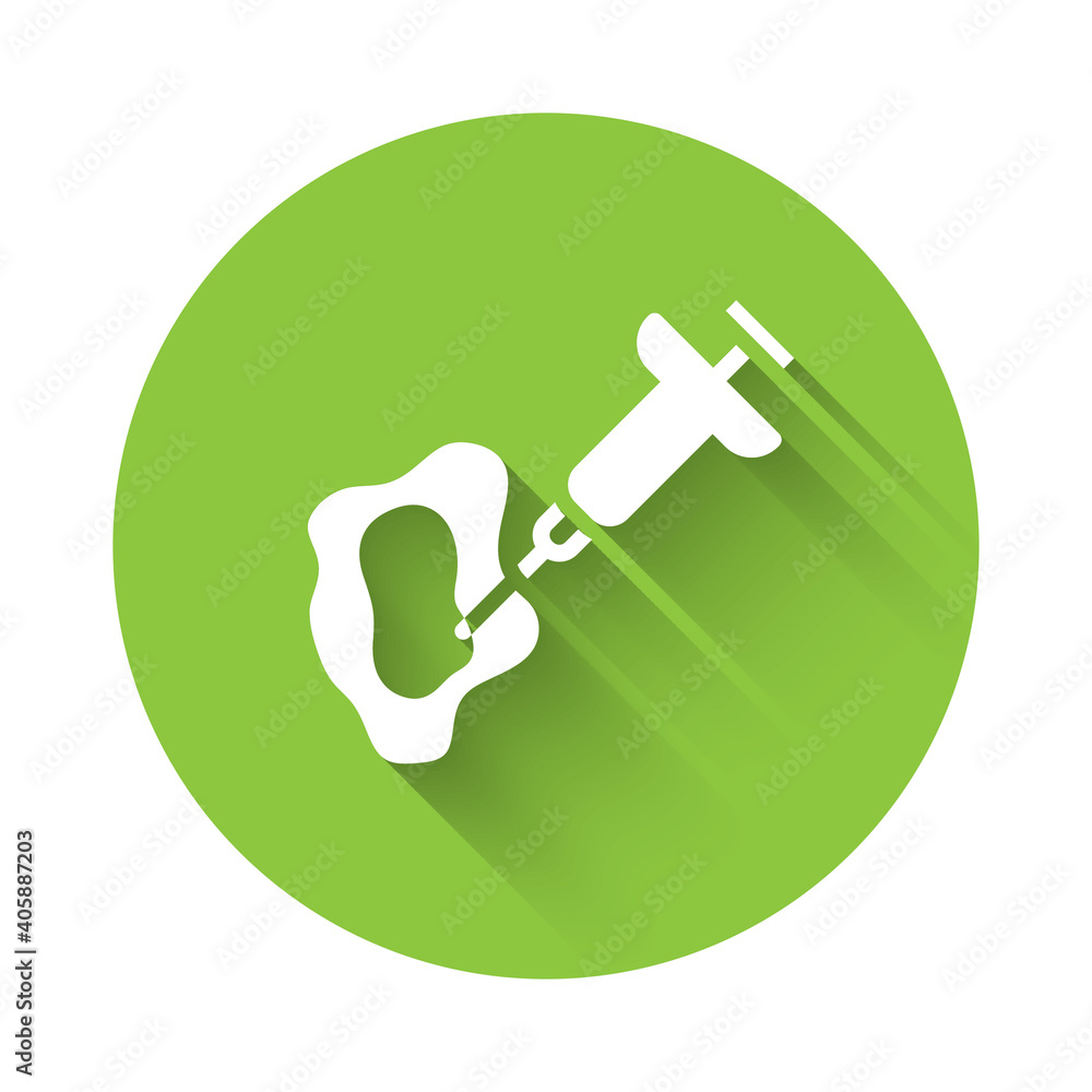 White GMO syringe icon isolated with long shadow. Genetically modified organism acronym. Dna food modification. Green circle button. Vector. White GMO syringe icon isolated with long shadow. Genetically modified organism acronym. Dna food modification. Green circle button. Vector.