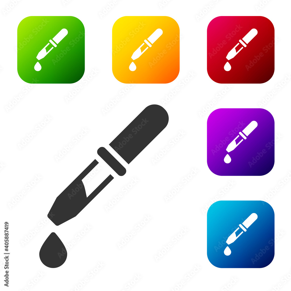 Black Pipette icon isolated on white background. Element of medical, chemistry lab equipment. Pipette with drop. Medicine symbol. Set icons in color square buttons. Vector. Black Pipette icon isolated on white background. Element of medical, chemistry lab equipment. Pipette with drop. Medicine symbol. Set icons in color square buttons. Vector.