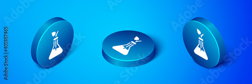 Isometric Plant breeding icon isolated on blue background. Plants growing in the test tubes. Organic food ,agriculture and hydroponic. Blue circle button. Vector.