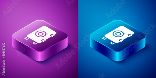 Isometric Safe icon isolated on blue and purple background. The door safe a bank vault with a combination lock. Reliable Data Protection. Square button. Vector.
