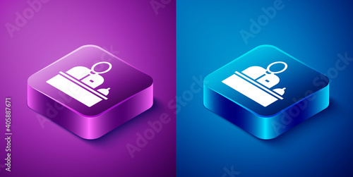 Isometric Receptionist standing at hotel reception desk icon isolated on blue and purple background. Square button. Vector.