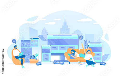 The programmer is developing a website UI UX interface on monitor screen, tablet, phone. Frontend Development, Creating a site layout, template. Vector illustration flat style.