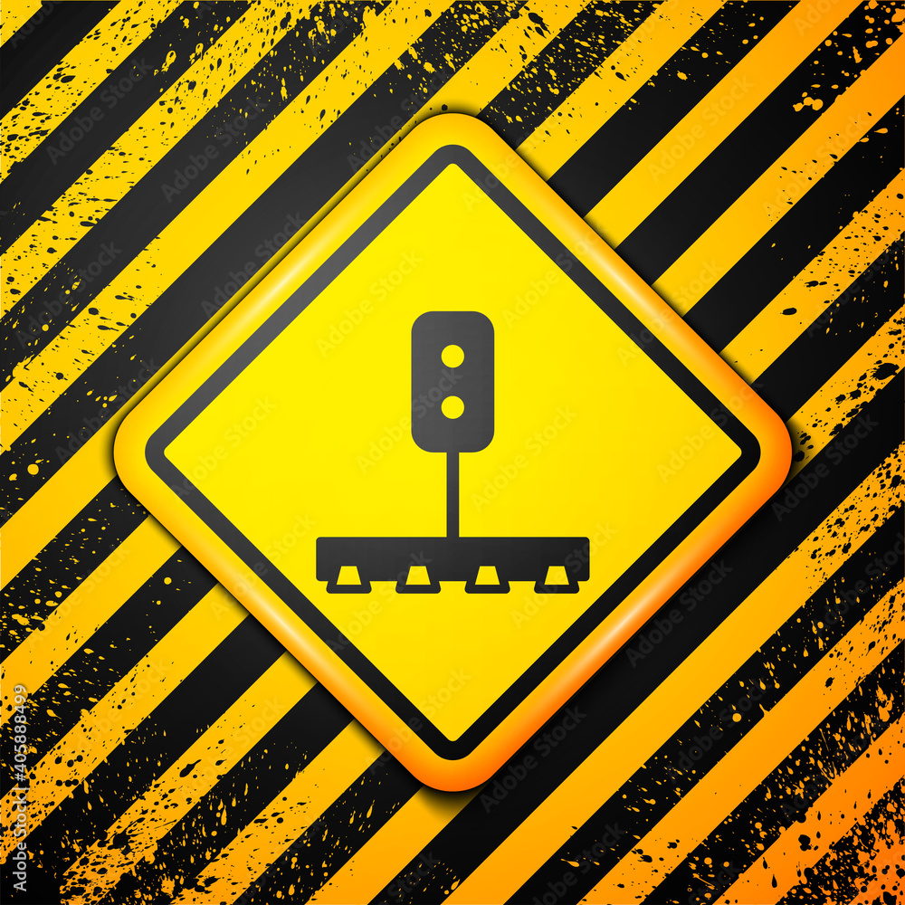 Black Train traffic light icon isolated on yellow background. Traffic lights for the railway to regulate the movement of trains. Warning sign. Vector. Black Train traffic light icon isolated on yellow background. Traffic lights for the railway to regulate the movement of trains. Warning sign. Vector.