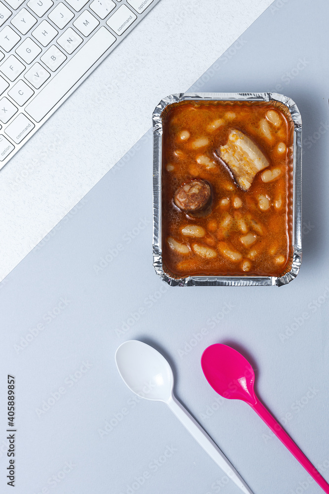 Lunch at work place Beans with chorizo and meat Lunch at work place Beans with chorizo and meat