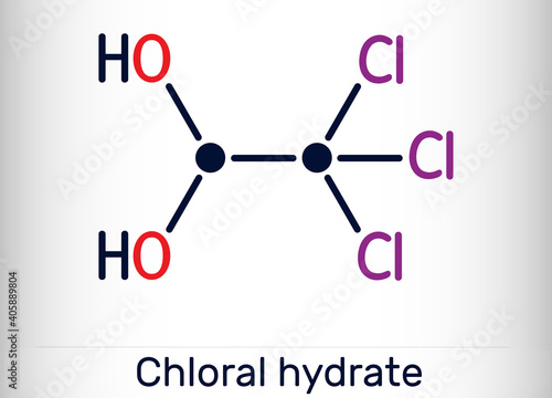 Chloral hydrate. geminal diol, anesthetic molecule. A synthetic monohydrate of chloral, hypnotic and sedative, anticonvulsive drug. Skeletal chemical formula