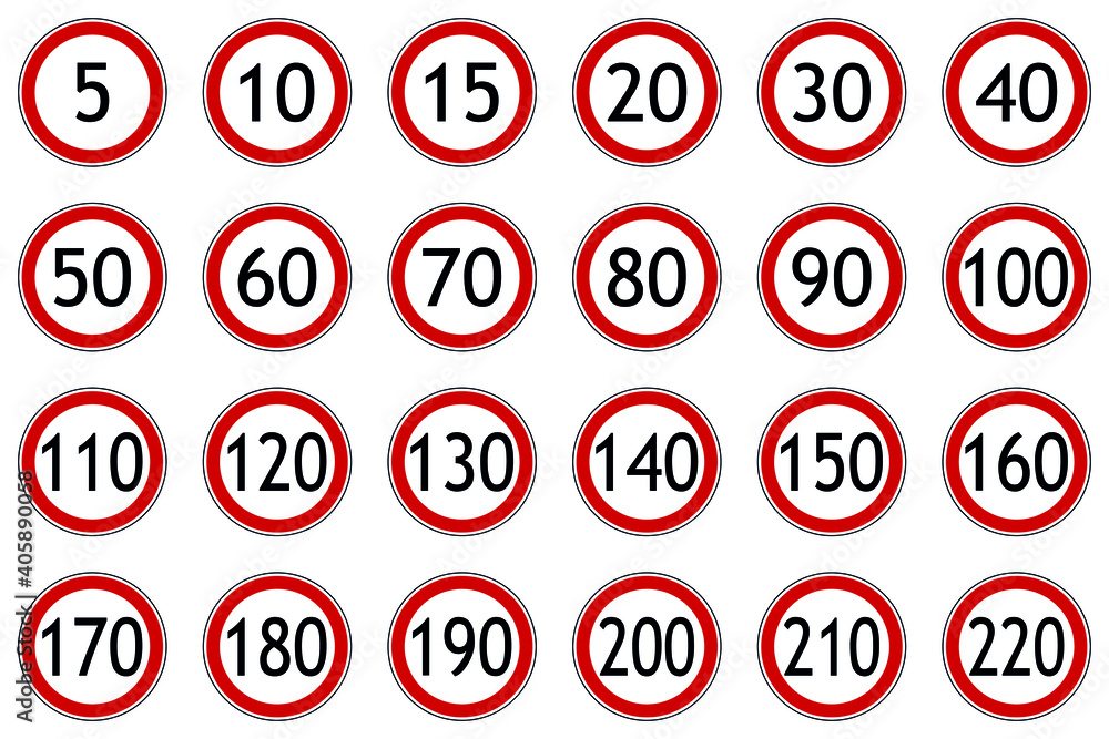 Speed limit sign set red and white Speed limit sign set red and white