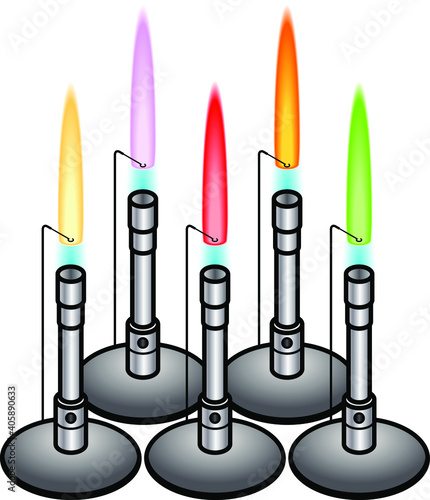 A collection of ion flame tests - zinc, potassium,strontium,sodium,and copper.