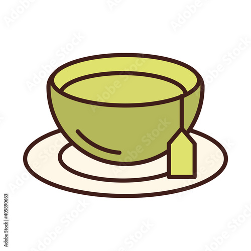 breakfast tea cup with teabag herbal drink line and fill style