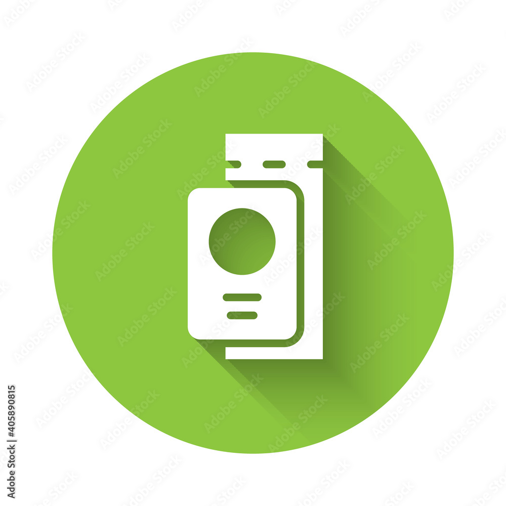 White Passport with ticket icon isolated with long shadow. Identification Document. Concept travel and tourism. Green circle button. Vector. White Passport with ticket icon isolated with long shadow. Identification Document. Concept travel and tourism. Green circle button. Vector.