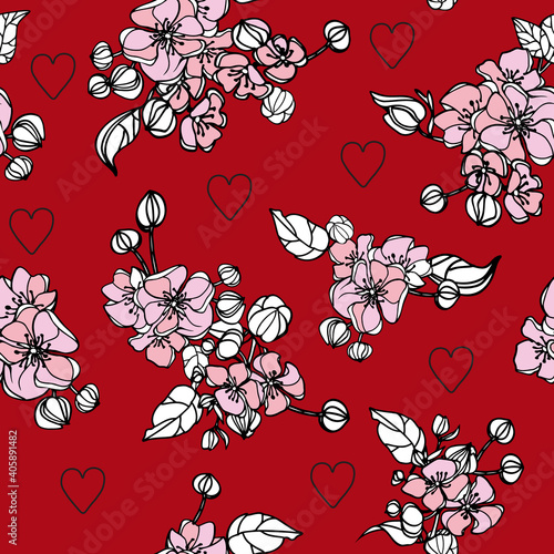 Floral seamless pattern on red background. Seamless pattern can be used for wallpaper, pattern fills, web page background,surface textures.