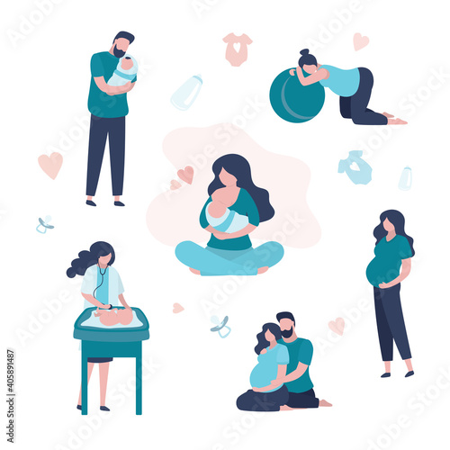 Happy parents collection isolated on white background. Set of couple who is waiting for birth of child. Female pediatrician examines infant.