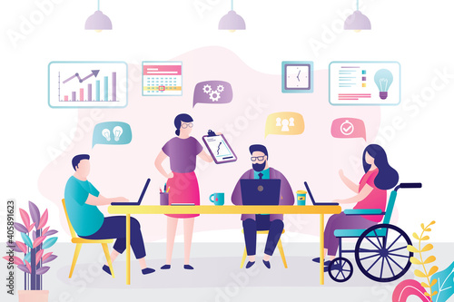 People discuss new ideas and statistics. Disabled woman works in office. Colleagues discussing business issues