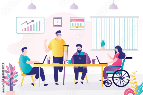 People with disabilities work in company. Сolleagues met to discussion and brainstorming