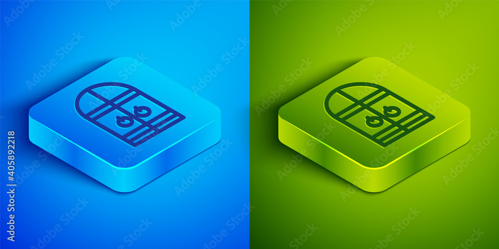 Isometric line Medieval castle gate icon isolated on blue and green background. Medieval fortress. Protection from enemies. Square button. Vector. Isometric line Medieval castle gate icon isolated on blue and green background. Medieval fortress. Protection from enemies. Square button. Vector.