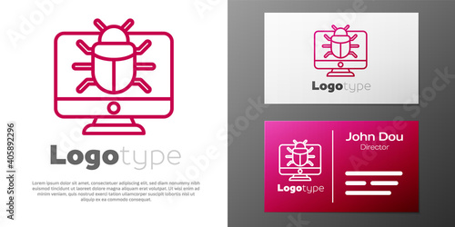 Logotype line System bug on monitor icon isolated on white background. Code bug concept. Bug in the system. Bug searching. Logo design template element. Vector.