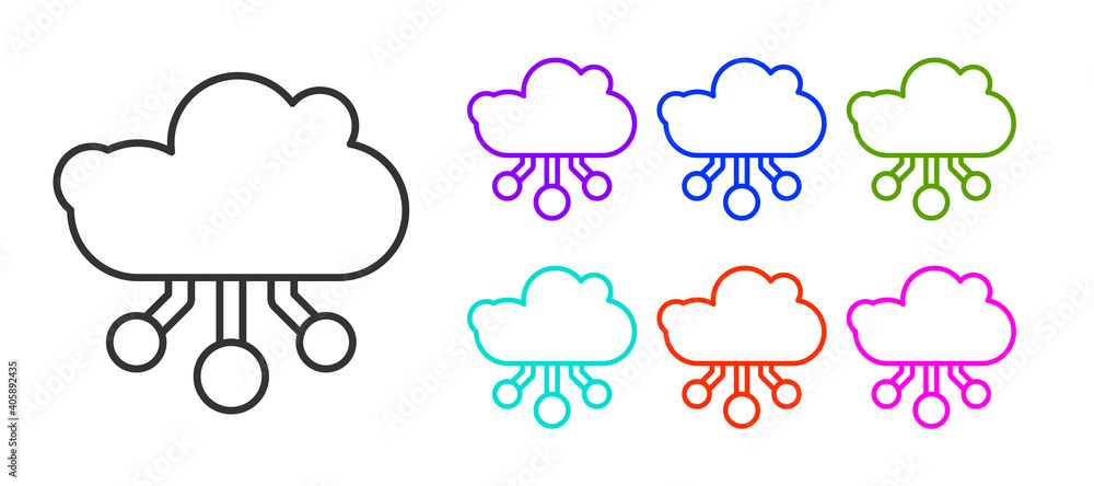 Black line Internet of things icon isolated on white background. Cloud computing design concept. Digital network connection. Set icons colorful. Vector. Black line Internet of things icon isolated on white background. Cloud computing design concept. Digital network connection. Set icons colorful. Vector.