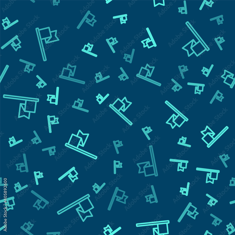 Green line Flag icon isolated seamless pattern on blue background. Location marker symbol. Vector. Green line Flag icon isolated seamless pattern on blue background. Location marker symbol. Vector.