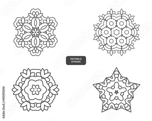 An oriental pattern set with arabesques and floral elements, classic ornament. Set of beautiful black rounded laces background.