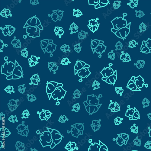 Green line Sherlock Holmes with smoking pipe icon isolated seamless pattern on blue background. Detective. Vector.
