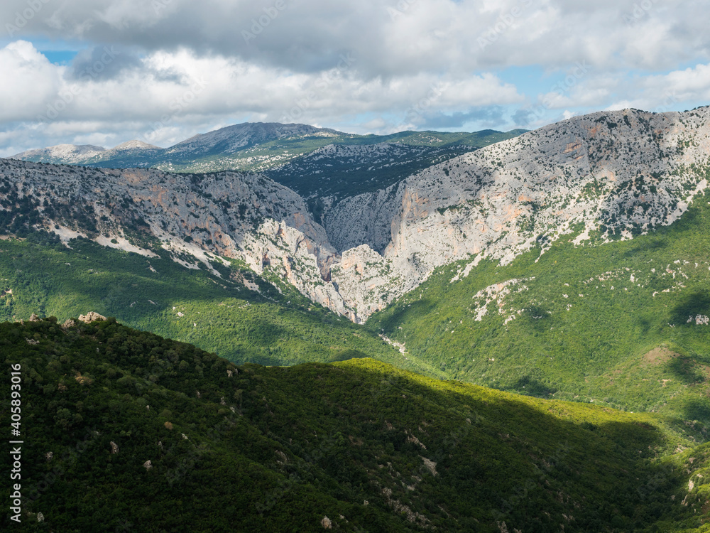 View of Gola Su Gorropu gorge, famous hiking destinantion at green forest landscape of Supramonte Mountains with limestone rock and mediterranean vegetation, Nuoro, Sardinia, Italy. Summer cloudy day