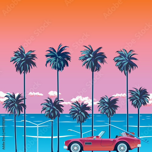 Sunset on the beach with palm trees  turquoise ocean and orange sky with clouds. Summer car on the beach. Lifeguard tower. Tropical backdrop for summer vacation. Surfing beach. Vector illustration.