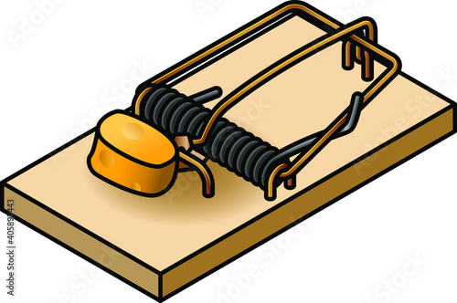 A mousetrap with a piece of cheese.