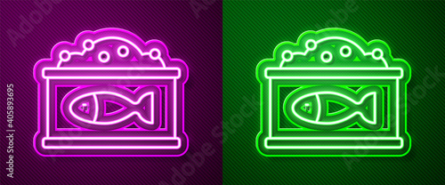 Glowing neon line Tin can with caviar icon isolated on purple and green background. Vector.