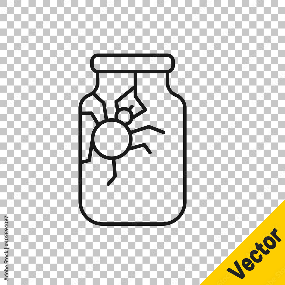 Black line Spider in jar icon isolated on transparent background. Happy Halloween party. Vector. Black line Spider in jar icon isolated on transparent background. Happy Halloween party. Vector.