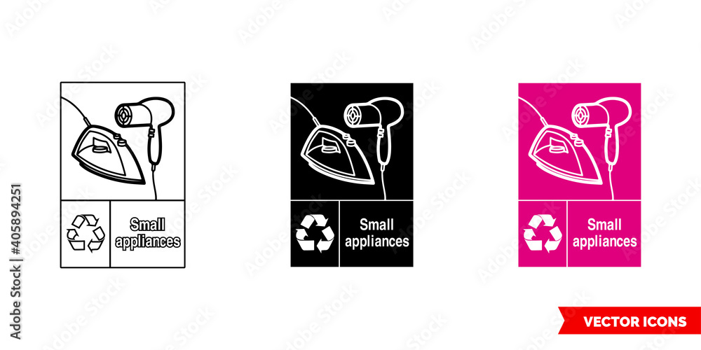 Small appliances Iron and hair dryer symbol recycling sign icon of 3 types color, black and white, outline. Isolated vector sign symbol.