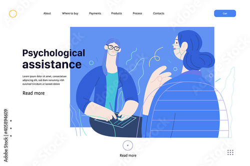 Medical insurance web template -psychological support -modern flat vector concept illustration of therapist wearing glasses, taking session notes in notepad, female patient talking about her problem