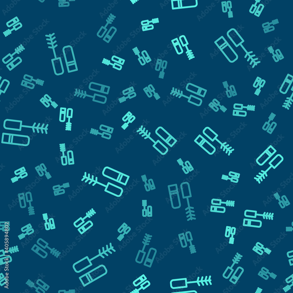 Green line Mascara brush icon isolated seamless pattern on blue background. Vector. Green line Mascara brush icon isolated seamless pattern on blue background. Vector.