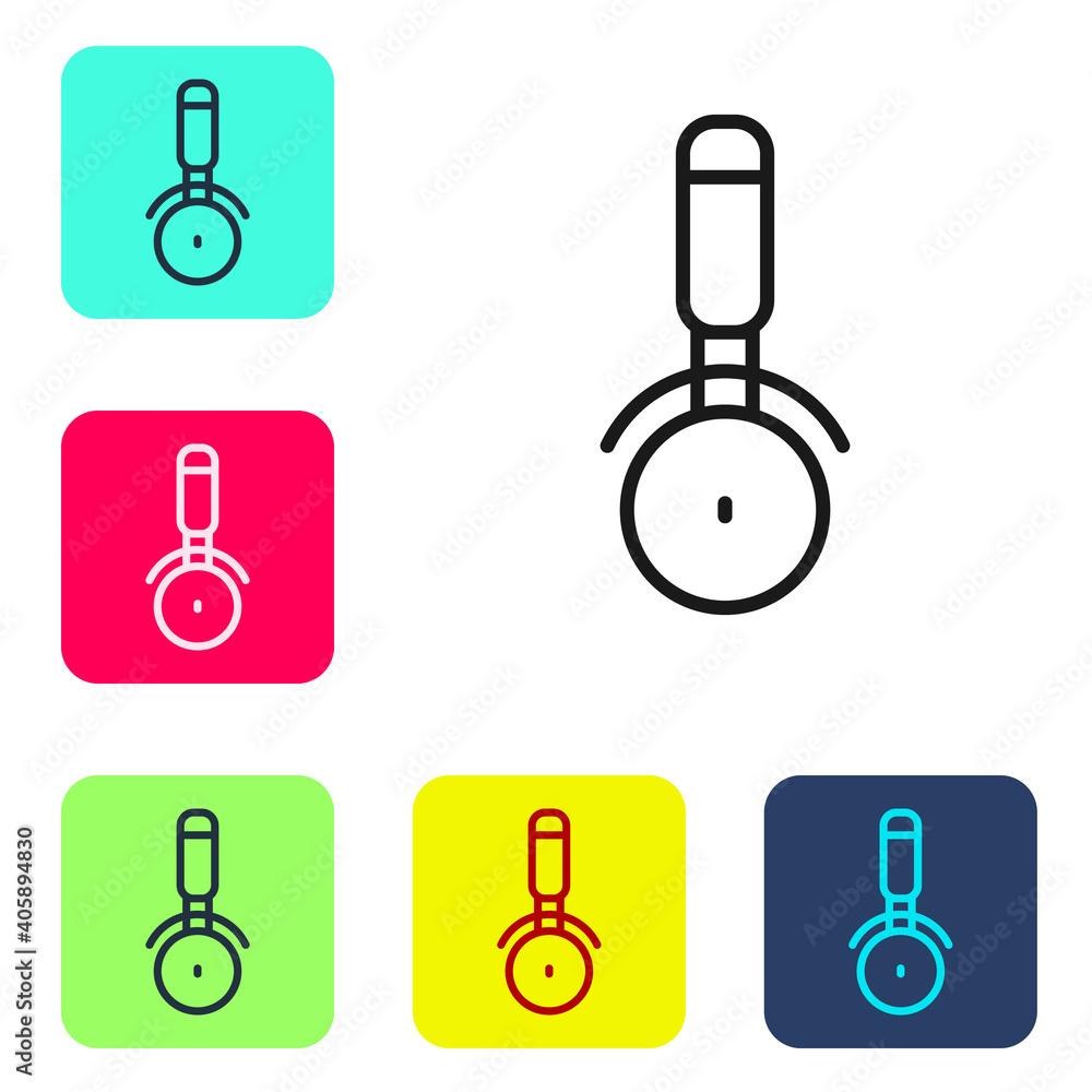 Black line Pizza knife icon isolated on white background. Pizza cutter sign. Steel kitchenware equipment. Set icons in color square buttons. Vector. Black line Pizza knife icon isolated on white background. Pizza cutter sign. Steel kitchenware equipment. Set icons in color square buttons. Vector.