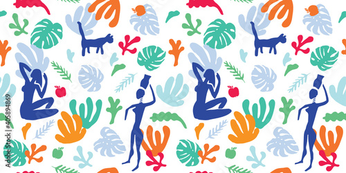 Women and cats in jungle. Vector seamless pattern. Bright spring or summer hand drawn illustration in Matisse style. Green,pink, blue colors pattern for textile decoration.