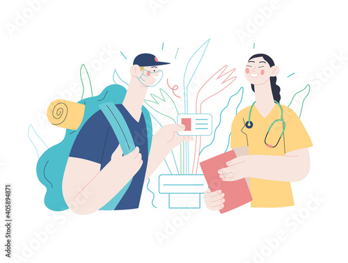 Medical insurance illustration -medical assistance all over the world - modern flat vector concept digital illustration -a traveller applying to a local clinic for medical help, part of insurance plan