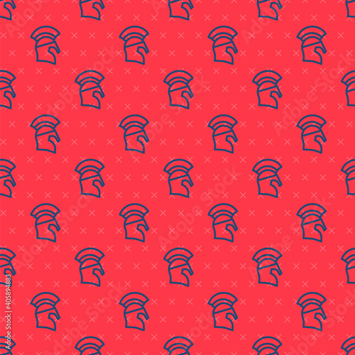 Blue line Greek helmet icon isolated seamless pattern on red background. Antiques helmet for head protection soldiers with a crest of feathers or horsehair. Vector.