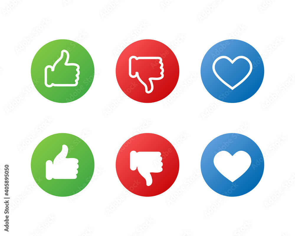 Web icons. Like, Dislike and Love signs. Thumb up button. Social media symbols. Linear and flat Web icons. Like, Dislike and Love signs. Thumb up button. Social media symbols. Linear and flat