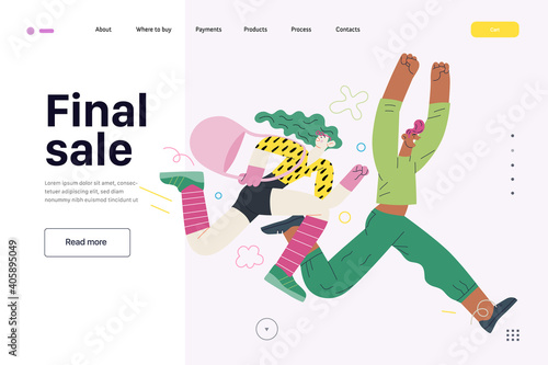 Discounts  sale  promotion  web template - modern flat vector concept illustration of a man and a woman running in the pursuit of the discounts  with a big percent sign on the background. Final sale