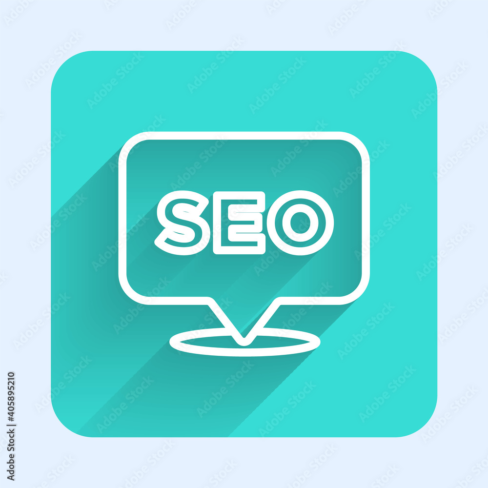 White line SEO optimization icon isolated with long shadow. Green square button. Vector. White line SEO optimization icon isolated with long shadow. Green square button. Vector.
