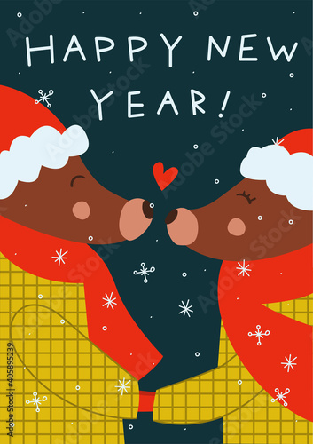 Chinese greeting card 2021 with cartoon romantic couple bulls on dark blue background. Happy New Year. Symbol of 2021. Vector illustration.