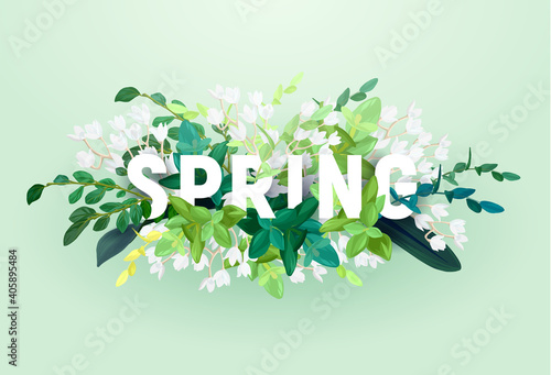 Floral spring design with white flowers, green leaves, eucaliptus and succulents. Vector illustration.