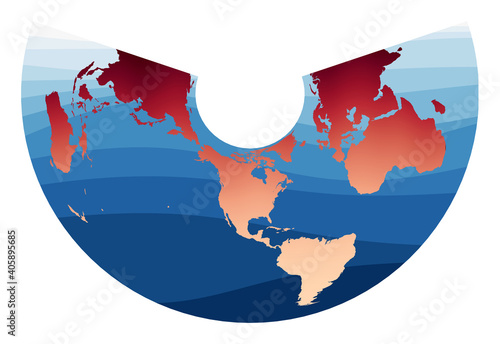 World Map Vector. Albers equal-area conic projection. World in red orange gradient on deep blue ocean waves. Artistic vector illustration. photo