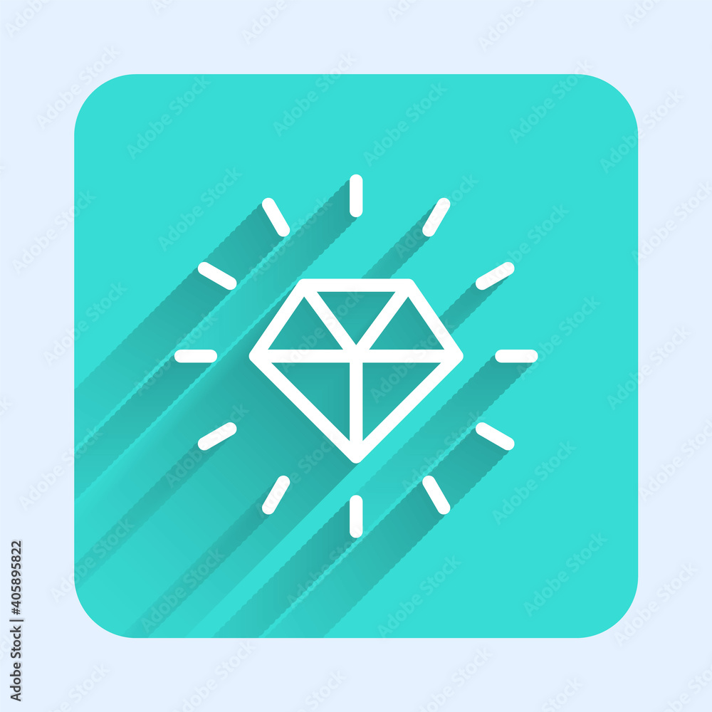 White line Diamond icon isolated with long shadow. Jewelry symbol. Gem stone. Green square button. Vector. White line Diamond icon isolated with long shadow. Jewelry symbol. Gem stone. Green square button. Vector.