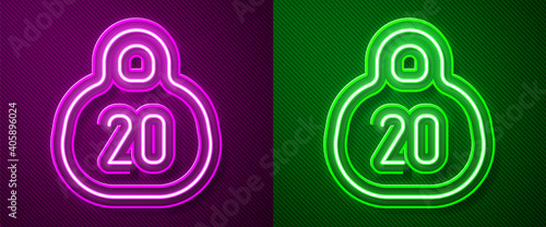 Glowing neon line Kettlebell icon isolated on purple and green background. Sport equipment. Vector.