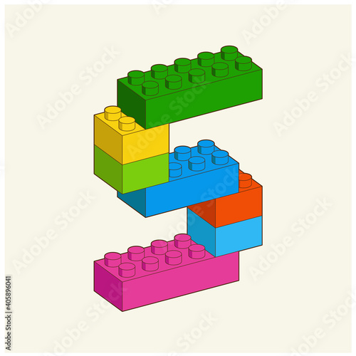 Number 5 from Plastic building blocks. Colored Bricks bricks isolated on white background. Vector 3d illustration.