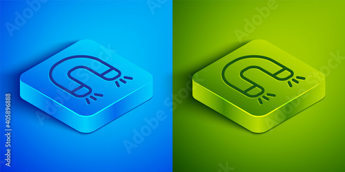 Isometric line Magnet icon isolated on blue and green background. Horseshoe magnet, magnetism, magnetize, attraction. Square button. Vector.