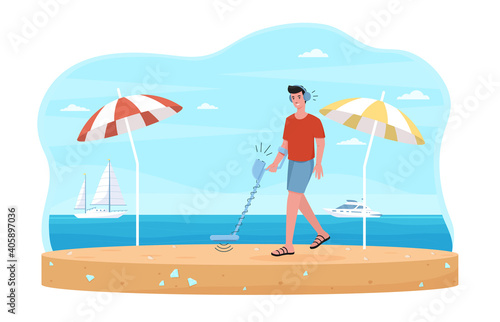 Male beach treasure hunter with metal detector is looking for gems on seashore. Smiling man in shorts is walking by the sea with special equipment. Flat cartoon vector illustration