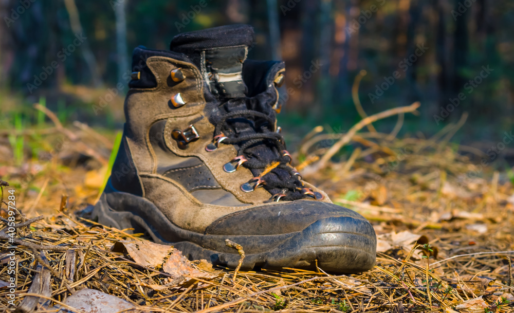 closeup old touristic boot stay on the forest glade closeup old touristic boot stay on the forest glade