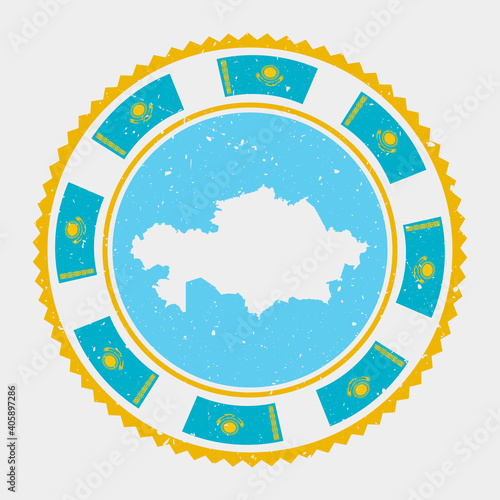 Kazakhstan grunge stamp. Round logo with map and flag of Kazakhstan. Country stamp. Vector illustration.
